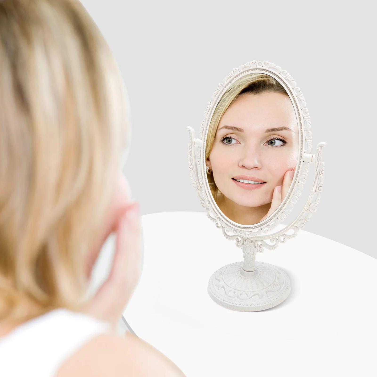 مرآة مكياج عتيقة مزدوجة الجانب، قاعدة ثابتة لسطح المكتب، تصميم بسيط، مرآة منزلية لغرفة النوم