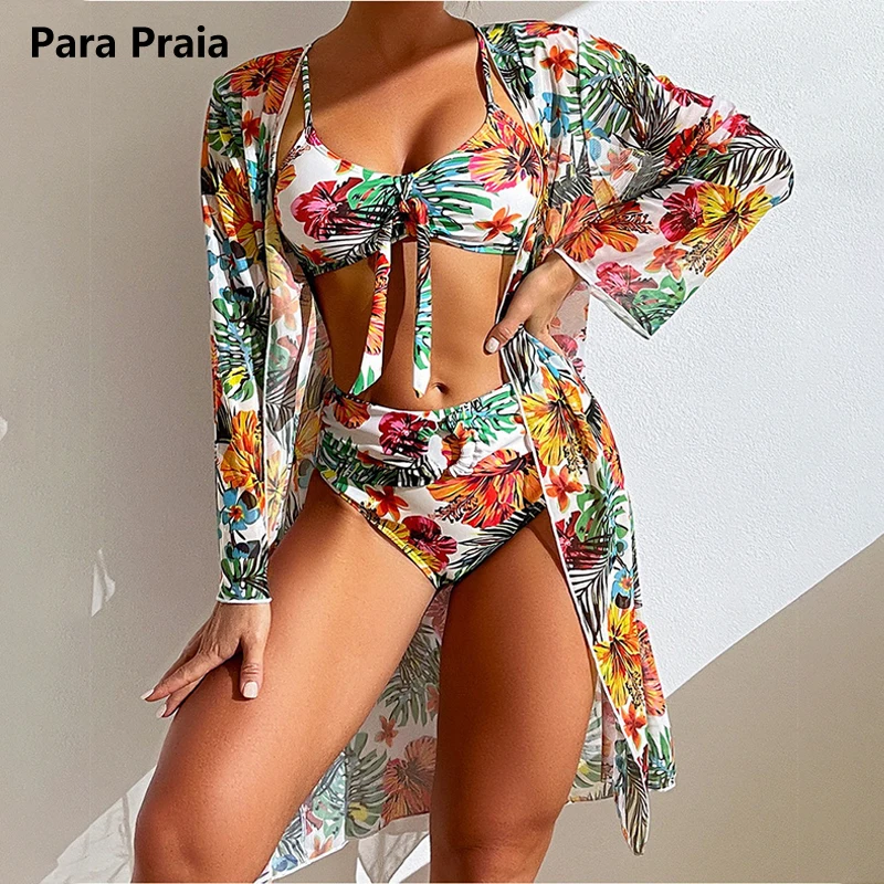 

Para Praia Sexy Brazilian Bikini 2024 Three Piece Swimsuit with Long Sleeve Dress Thong Swimwear Women Biquini Beachwear