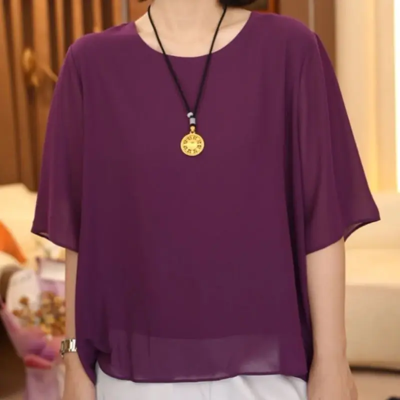 

Elegant Chiffon Short Sleeve round Neck Loose Belly Covering Top Fashionable Versatile Women's Summer Blouse Large Size
