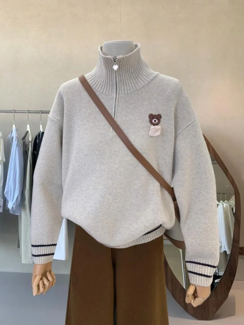 Zip Stand Turtleneck Sweater Preppy College Sweet Women Long Sleeve Knitwear Pullover Korean Cute Bear Embroidery Winter Clothes