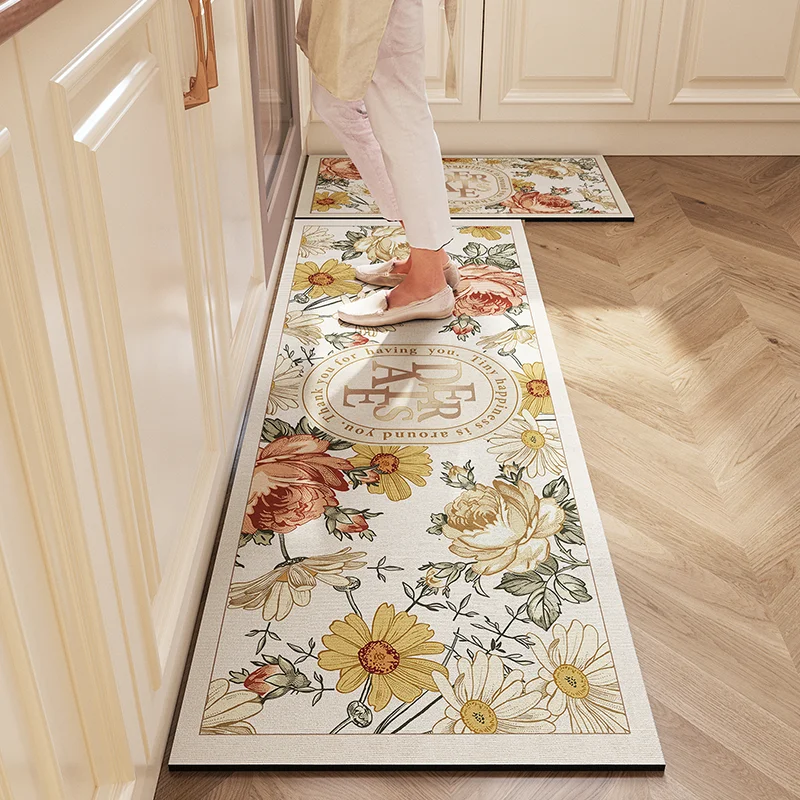 Kitchen Floor Mat Pvc Waterproof Carpet Leather Oil-proof Non-slip Foot Mats Long Rug Spring Plant Flowers Home Decoration Rugs