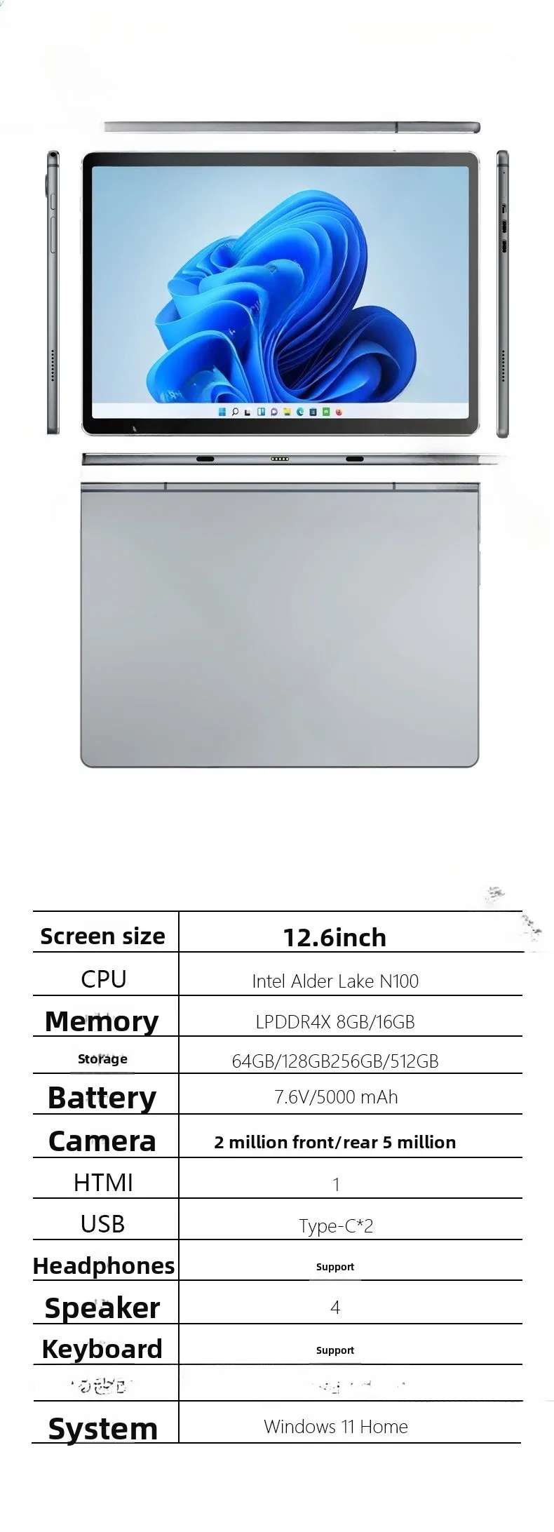 Computador tablet de 12,6 polegadas sistema windows11 laptop 2 em 1