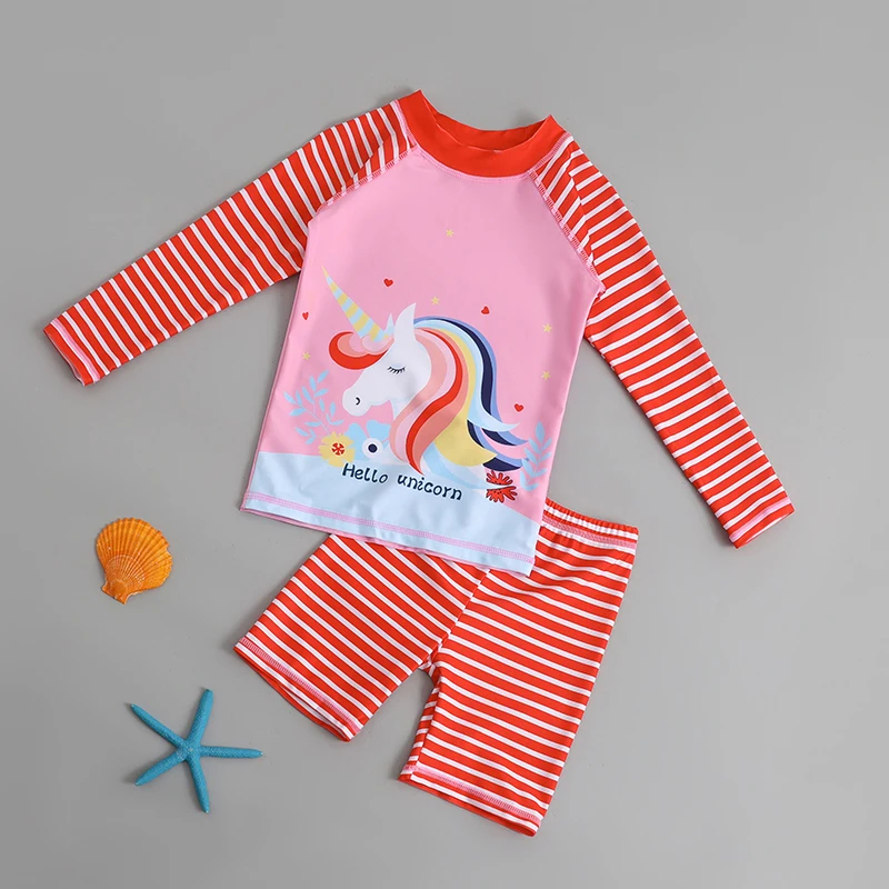 الوردي الأحمر فتاة الكرتون لطيف ملابس الربيع الصيف ملابس الشاطئ مجموعة الشمس حماية طويلة الأكمام مايوهات الاطفال ثوب السباحة