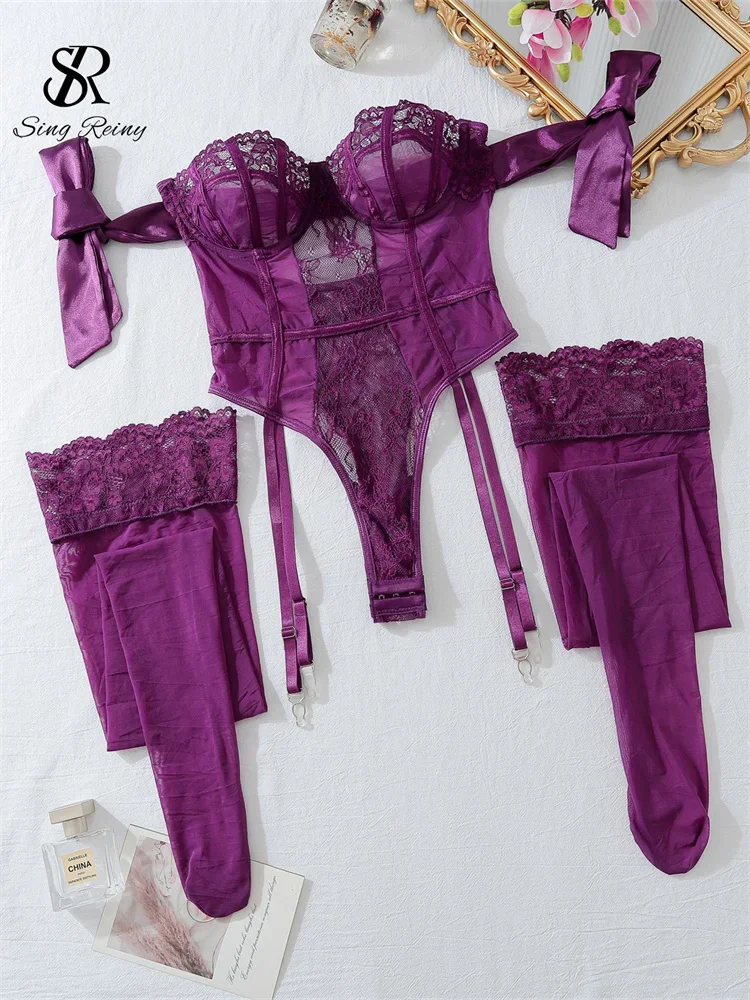 

SINGREINY Lace Sheer Amatory Solid Rompers Fashion Club Open crotch Playsuits Female Slim Erotic Underwear Strapless Bodysuits