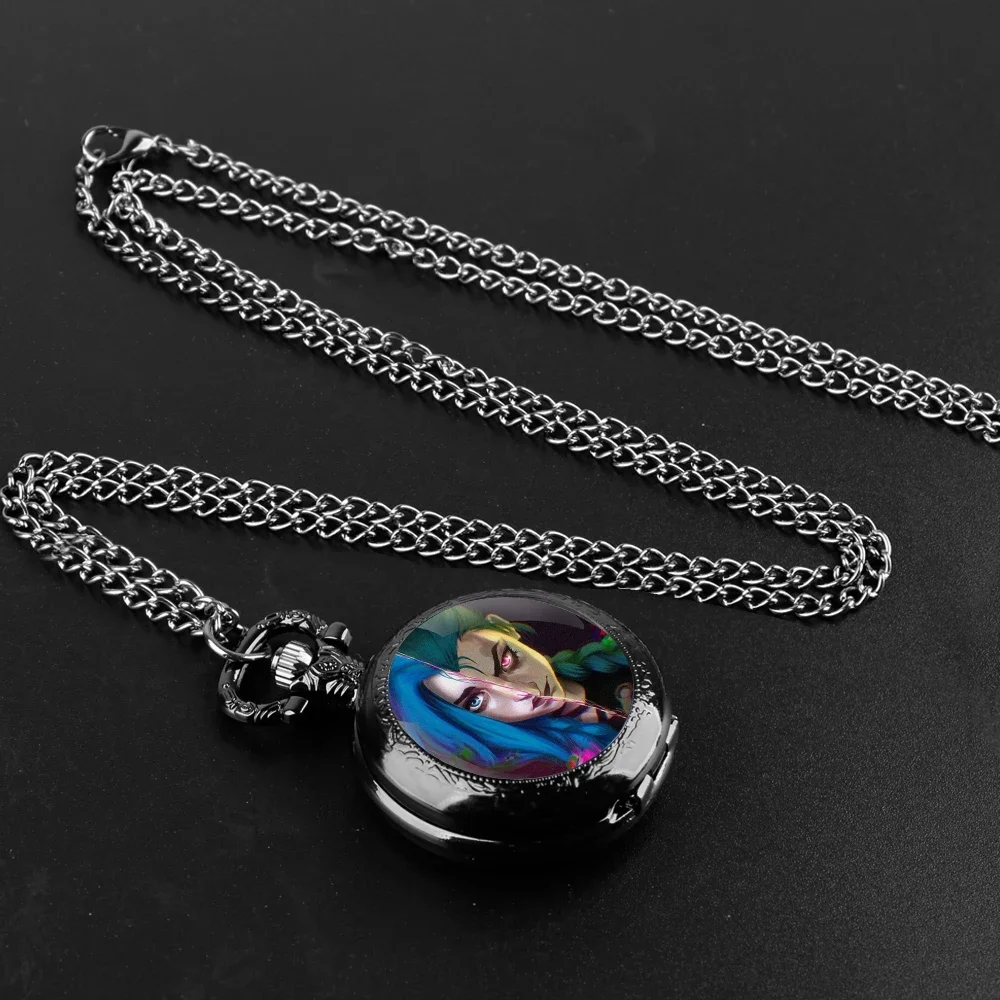 Cool Cartoon Anime Arcane Game Glass Dome Pocket Watch with Chain Necklace Vintage Quartz Pendant Watches Mens Women Gifts