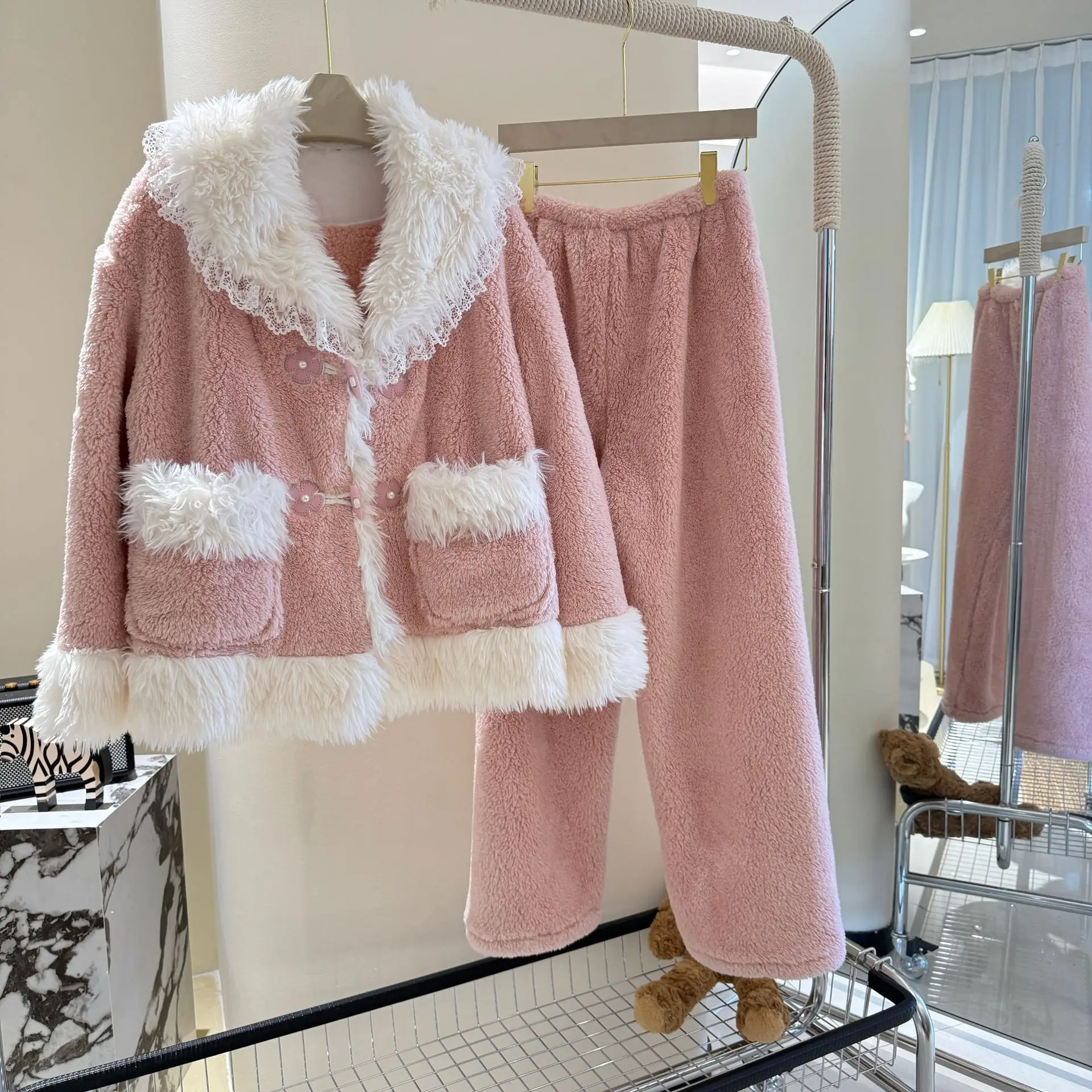 

Зимняя теплая розовая пижама из кораллового флиса, утепленная домашняя одежда, женская милая пижама с длинными рукавами, домашняя одежда, ночное белье
