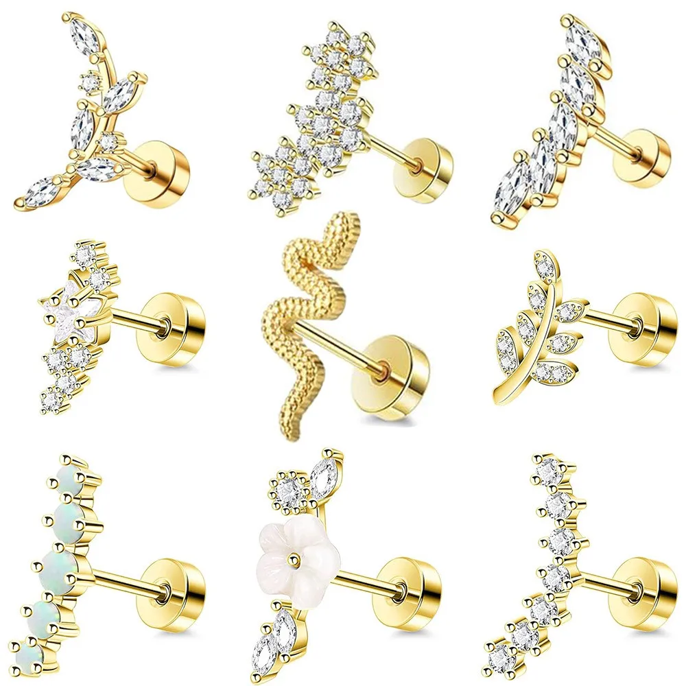 1PCS 16G Chrząstka Tragus Kolczyk Miedź Kwiat Opal Cz Kolczyki sztyfty Płaski tył Chrząstka Conch Helix Piercing Biżuteria dla kobiet