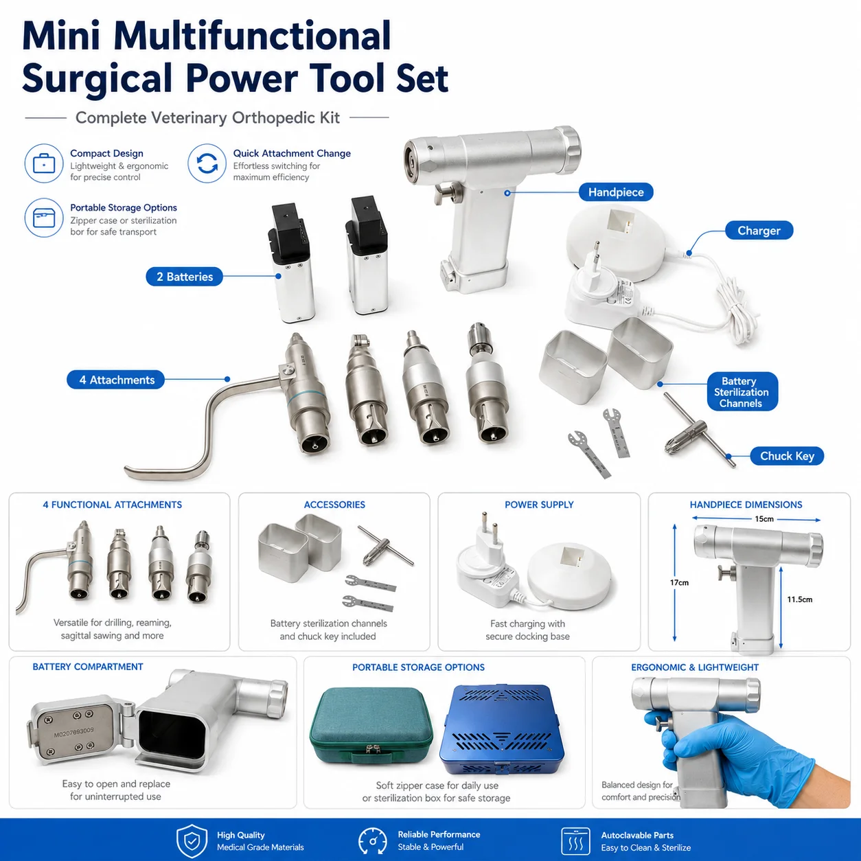 Mini Set  Herramientas Quirúrgicas Multifuncionales, Taladro Óseo Veterinario, Sierra Oscilante, Accesorio  Acoplamiento K-Wire