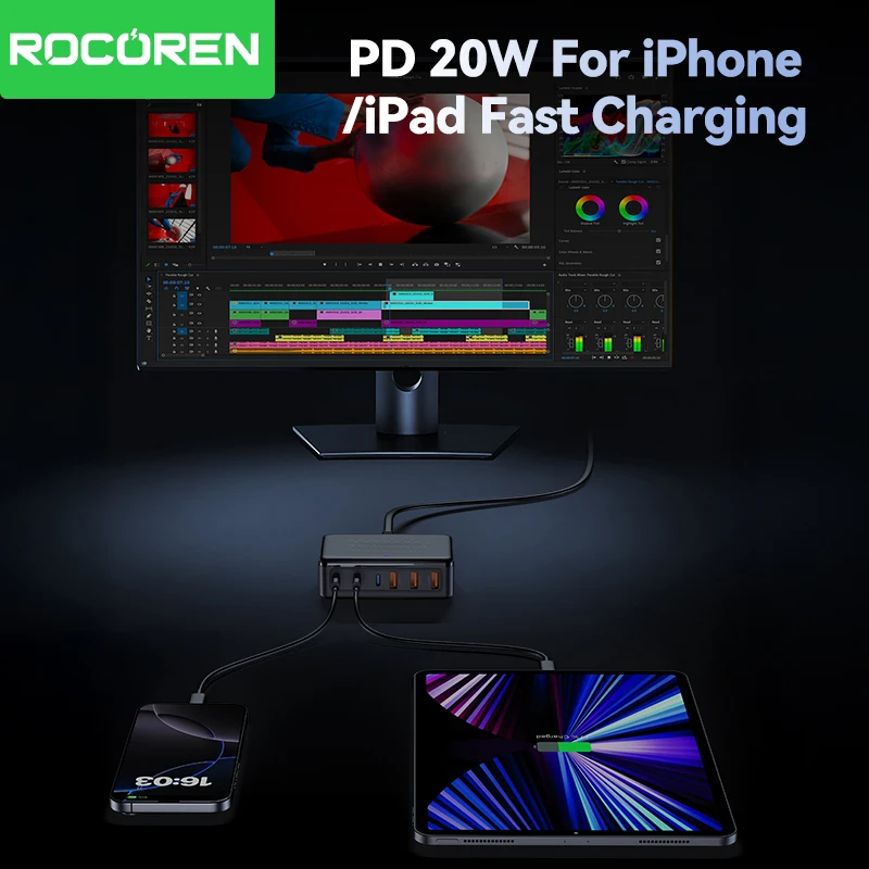 ที่ชาร์จ Rocoren USB 100W GaN ชาร์จเร็ว 6 พอร์ต แบบตั้งโต๊ะ ชาร์จเร็วแบบ Type C  สถานีพลังงานแบบพกพา สำหรับ iPhone 17 16 Xiaomi