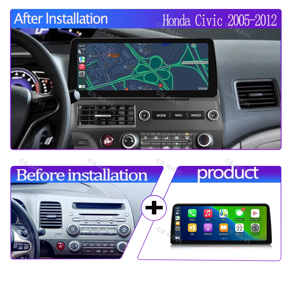 12.3 Inch Car Radio For Honda Civic 2005-2012 Multimedia Video Player Screen GPS Navigation Wireless Carplay Android13 4G+5GWIFI