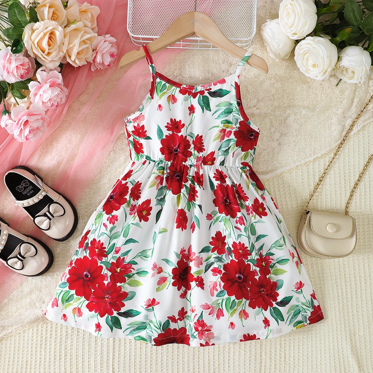 New 2024 Children Girl Sling Dress Flower Print Sense Of Design Slip Dresses Summer Beach Daily Clothing for Kid Girl 4-7 Years
