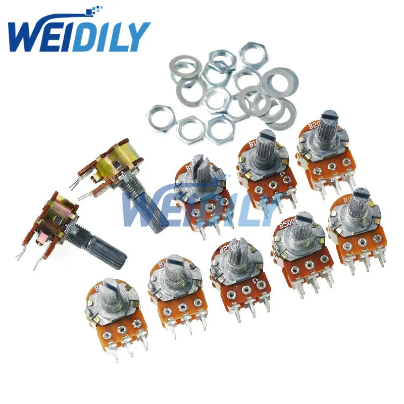 10PCS 20mm 6Pin Shaft WH148 Linear Potentiometer Kit Single Joint B1K 2K 5K 10K 20K 50K 100K 250K 500K 1M ohm With Nut And Washe