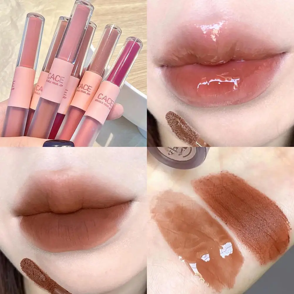 Double Ended Lip Gloss Batom, Espelho Translúcido, Estudantes Lip Lipstick, Cosméticos Matte Coreano, Esmalte Luz Água, M3L9, 1Pc