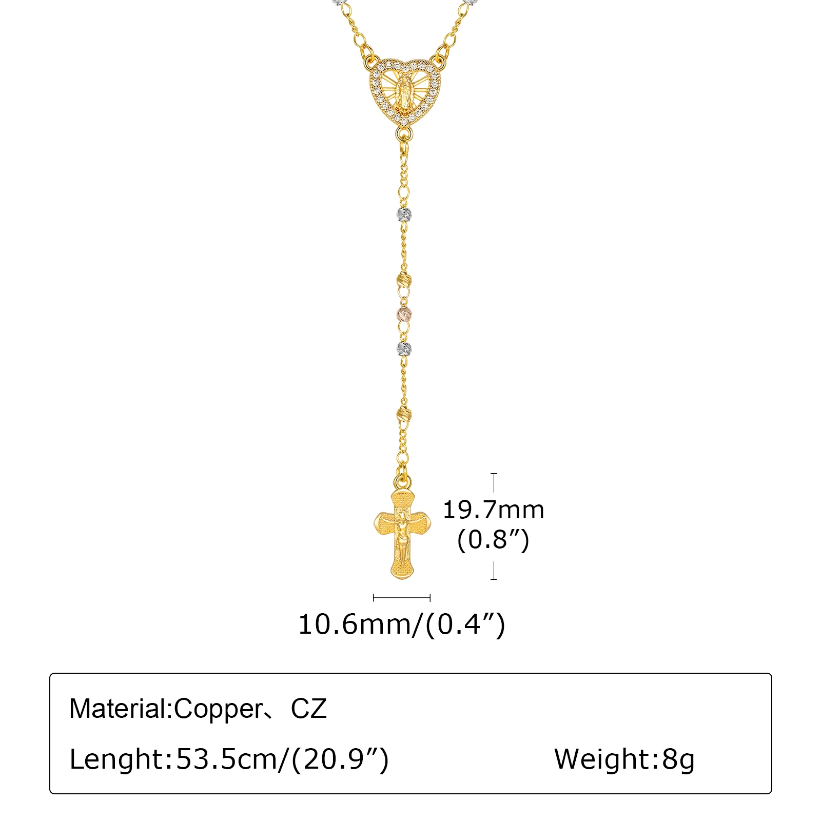 Vnox Virgin Mary Heart Rosary Necklaces for Women Men, Gold Plated Cross Prayer Collar, Long Sweater Chain Necklace