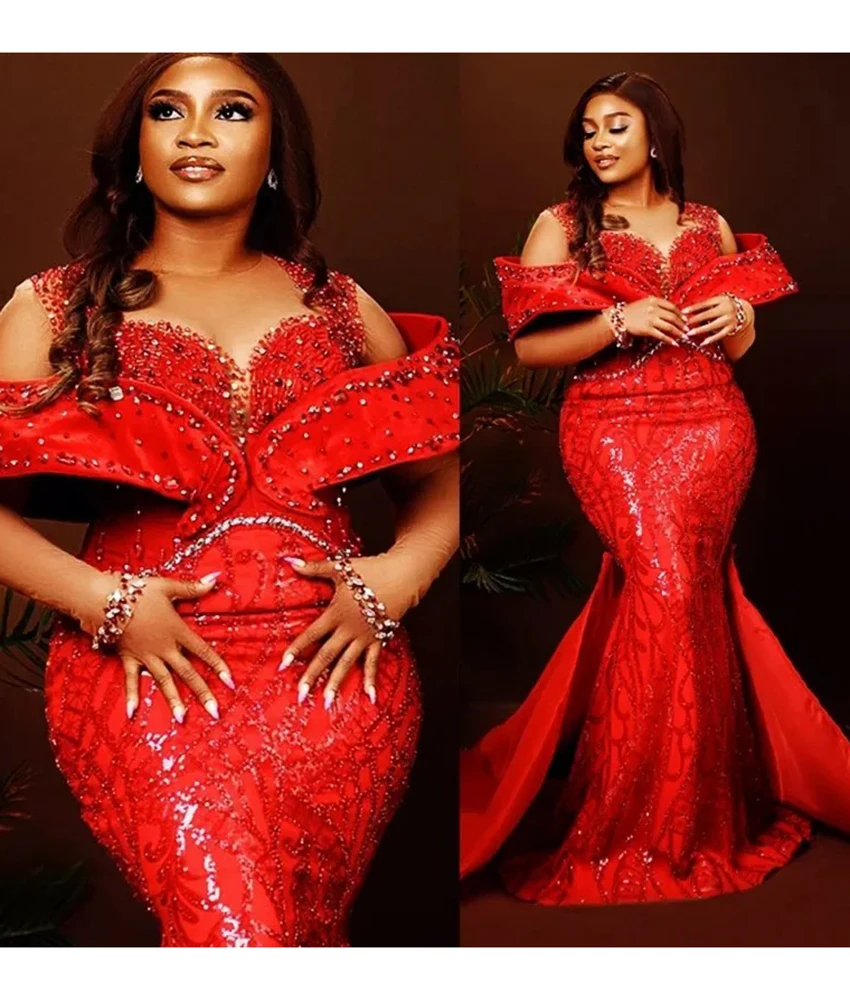 

Customized Luxury Jersey Mermaid Off the Shoulder Sequined Beading Crystal Evening Dress High Quality Sweetheart Party Gowns