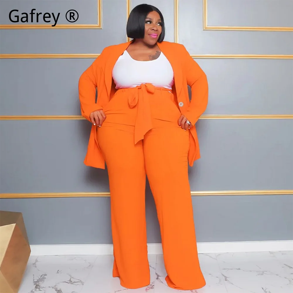 

Plus Size Women 2 Piece Outfits Elegant Long Sleeve Top Long Pants Set Tie Waist Casual Office Work Wear Fashion Matching Sets