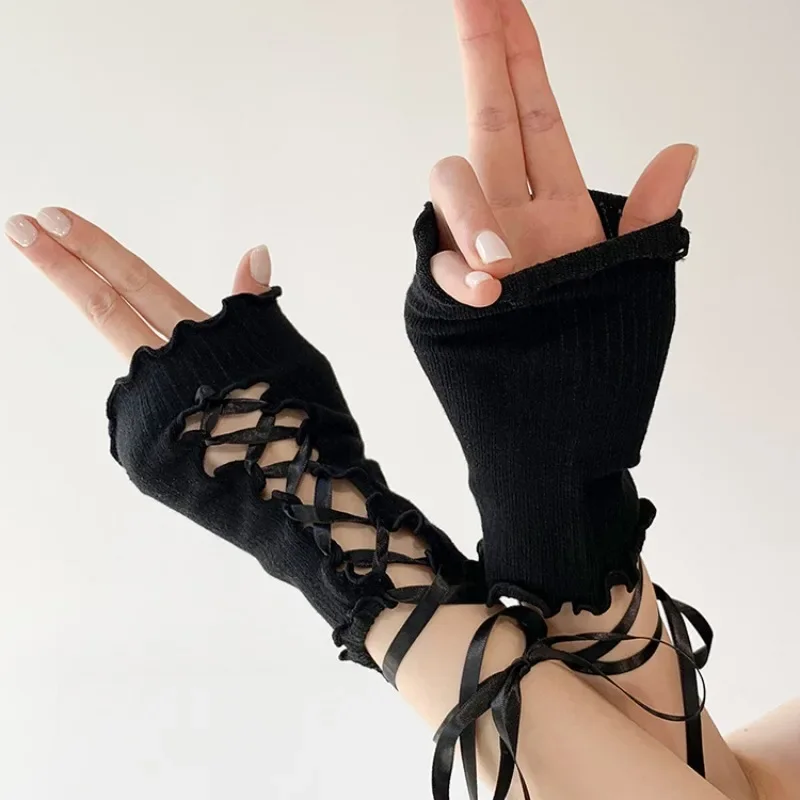 Y2K Gloves Harajuku Style Sexy Strap Arm Sleeve Jk Fingerless Cosplay Gloves Women Girls Streetwear Black White Sleeves