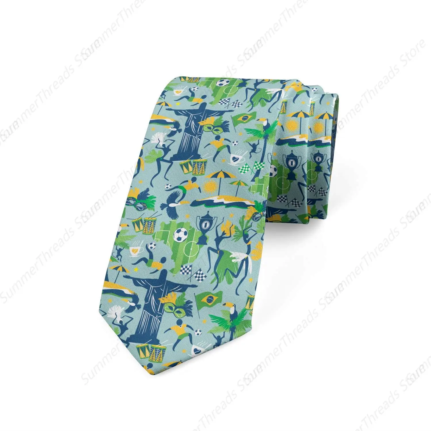 Men's Tie, Theme of Brazil Cultural Fern Green Dark Sky Blue Ties