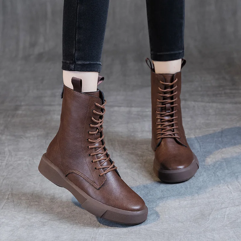 Short boots plus plus women's casual style 2026 spring new item flat heel retro low top leather boots