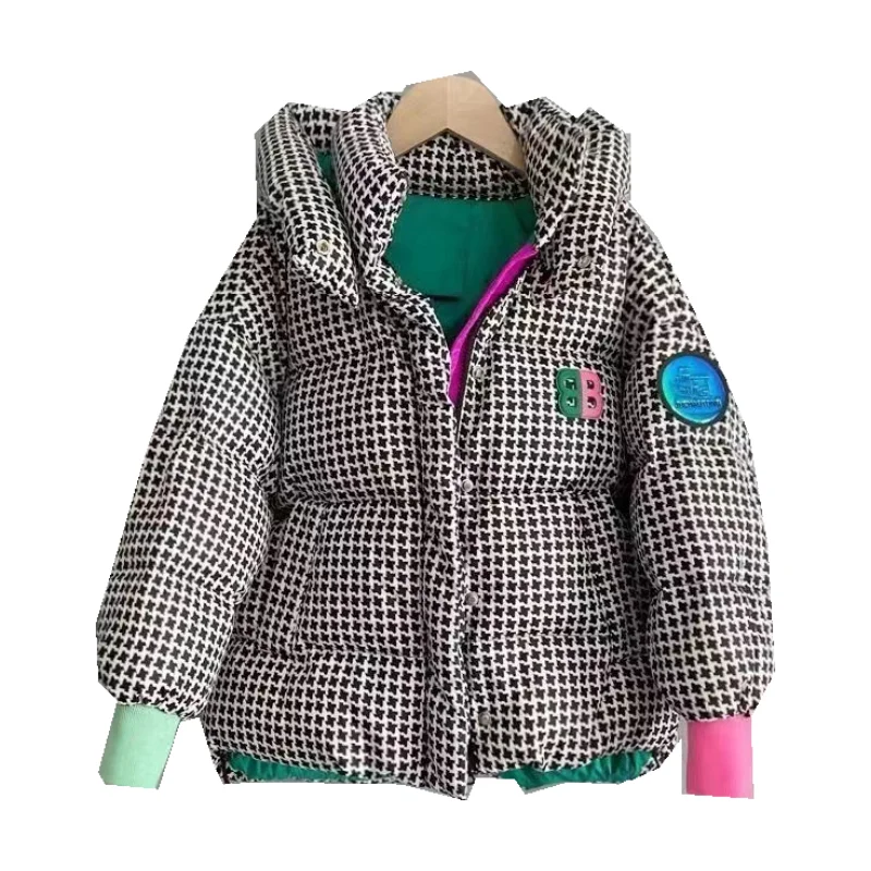 Girls Down Coat Jacket Cotton Windproof Outwear 2023 Houndstooth Warm Thicken Velvet Winter Skiwear Children\'s Clothing