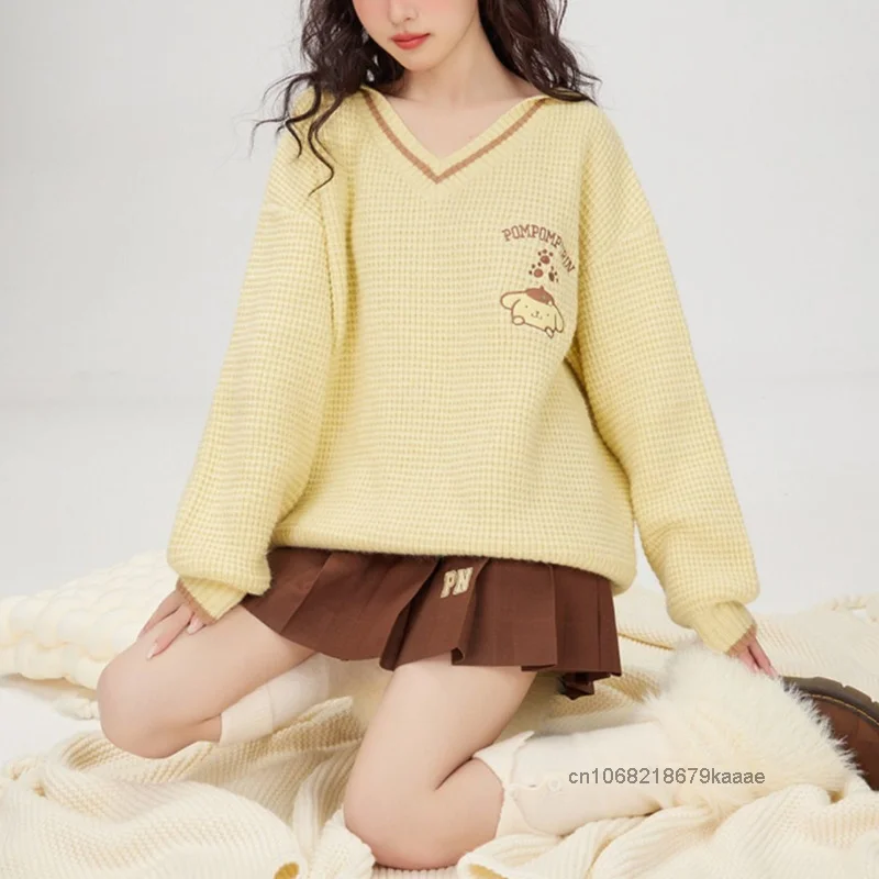 Sanrio Kuromi Pom Pom Purin My Melody Cinnamoroll Knitted Sweater College Style Soft Cute Sweet Embroidered Navy Collar Pullover