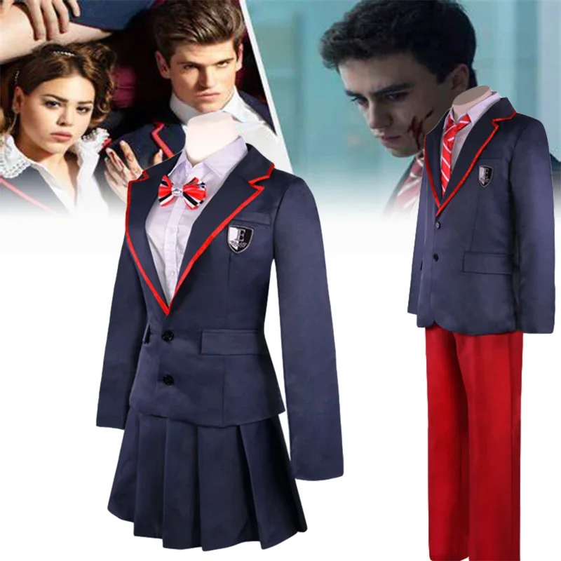 هالوين الكبار امرأة رجل المسلسلات التلفزيونية النخبة Las Encinas الأزرق الداكن زي البدلة قميص S069RED4 تنورة مطوي أنيمي JK