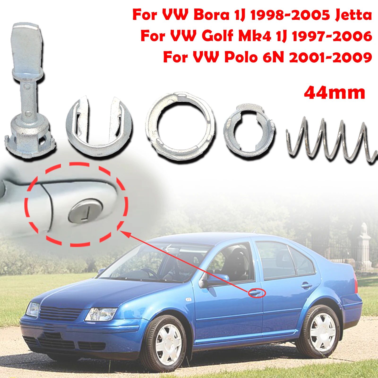 

5pcs/set For VW Bora 1J Golf Mk4 Polo 6N Front Door Handle Lock Cylinder Barrel Paddle Repair Kit 44.4MM Tool Kit Replacement