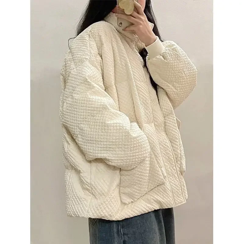 

American niche rhombus thickened bread coat trendy brand loose stand-up collar cotton coat winter couple coat ins trend y2k ins