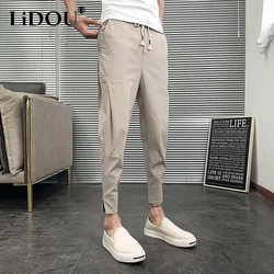 Summer New Solid Color Pockets Drawstring Ankle Length Pants Man Korean Fashion High Street Cotton Trousers Pleated Haren Pants