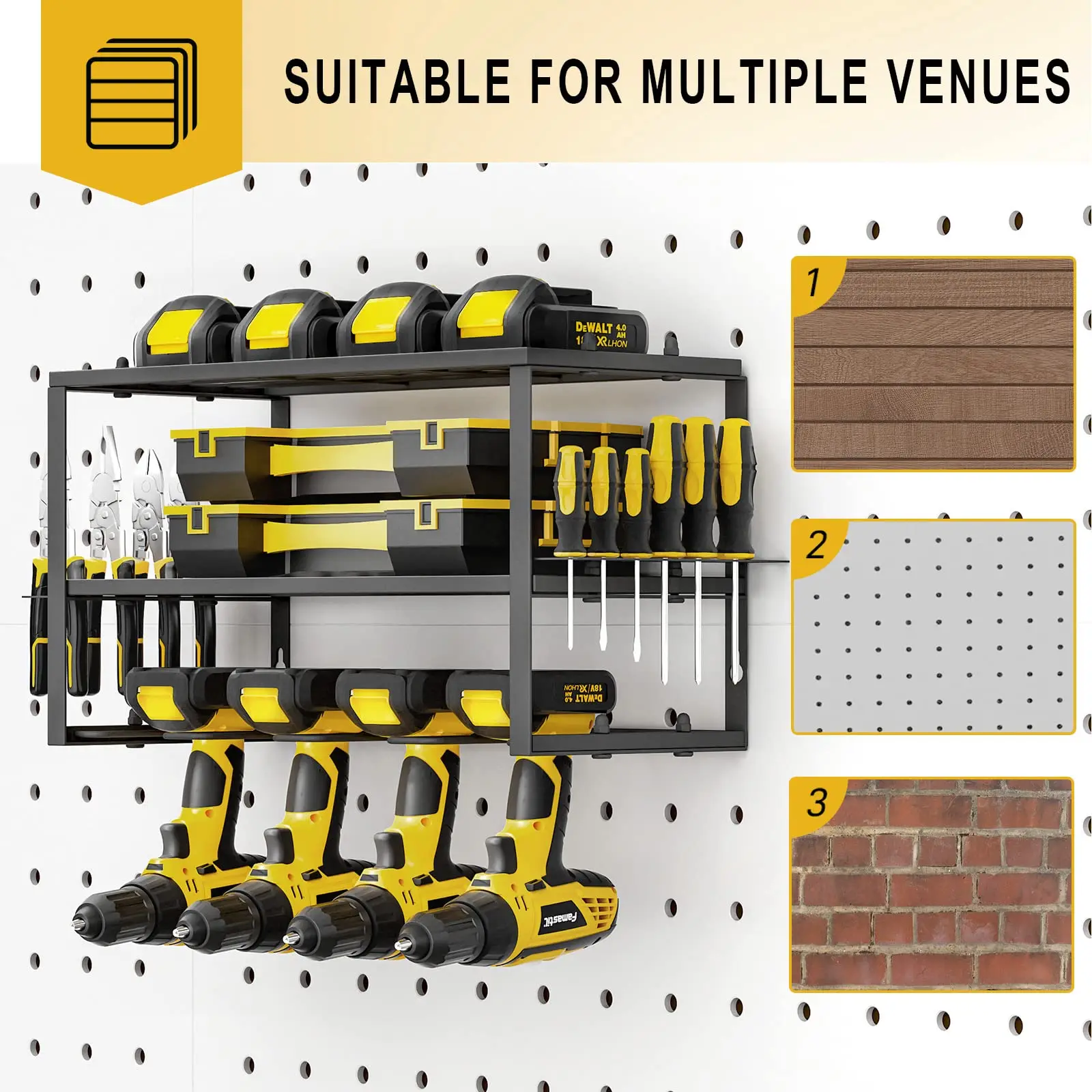 Power Tool Organizer-Power Drill Tool Holder- Heavy Shelf-Floating Tool Shelf Wall Mounted Tool Storage Rack for 4 Drill Holders