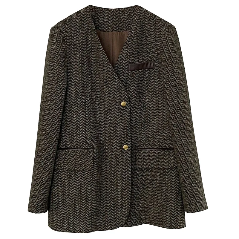 High-end visgraatpatroon blazer dameskleding herfst/winter V-hals Koreaanse mode commuter losse wollen jasje dames top