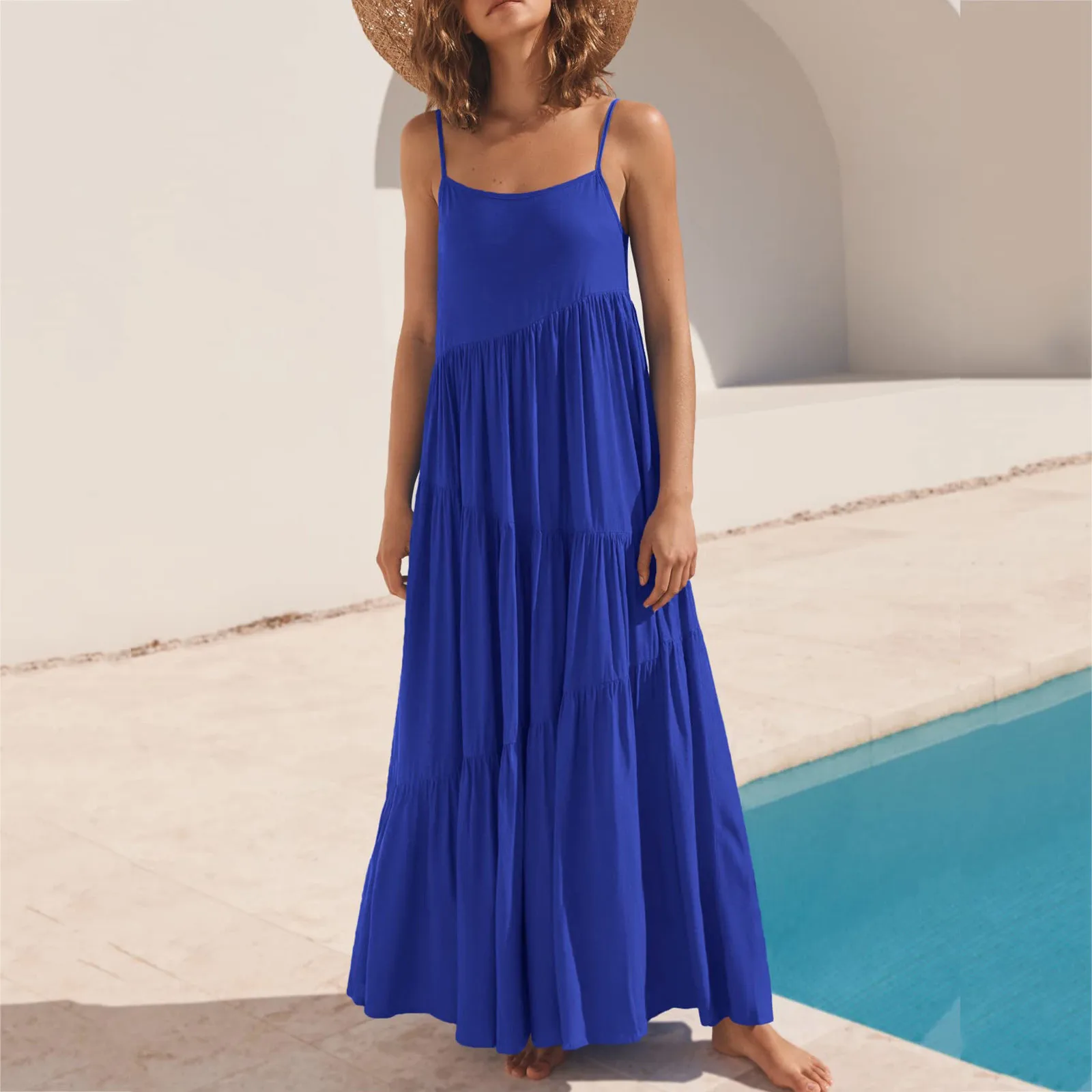 Women Summer Vacation Casual Pleated Loose Backless Dress Sexy Hot Pink Spaghetti Strap Beach Cover Up Long Cami Maxi Dresses