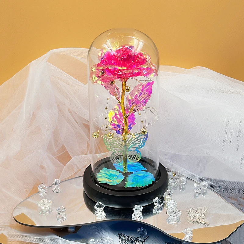 Romantic LED Rose Butterfly Lamp in Glass Dome - Perfect Home