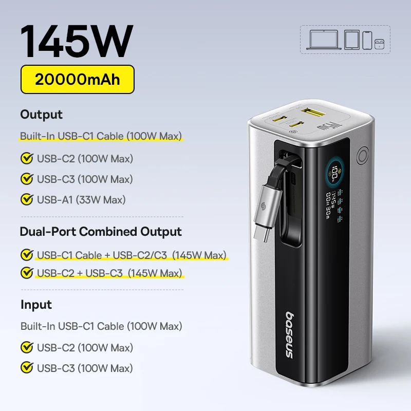 Baseus 145W Power Bank 20800mAh Dual USB A USB C PD 100W Snel opladen Digitaal display Draagbare PowerBank voor Laptop Telefoon Stoom