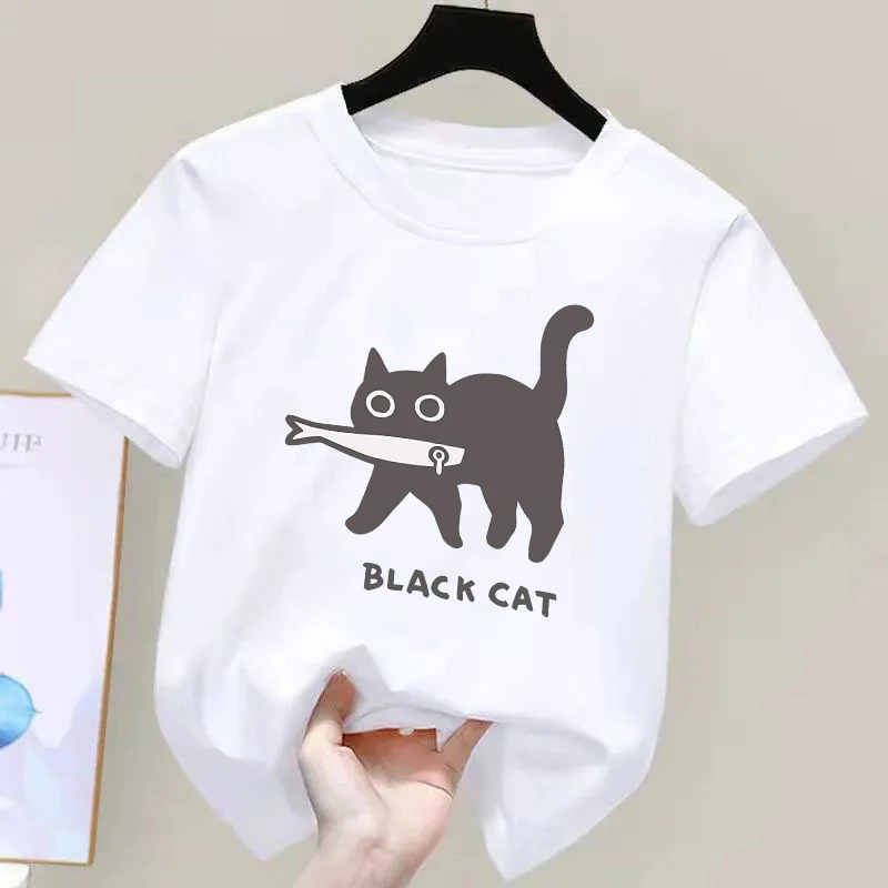 Fun A Black Cat Eating Fish Japanese Style kids T-Shirt Fashion Print T Shirt Breathable  T-Shirts Cotton Clothes