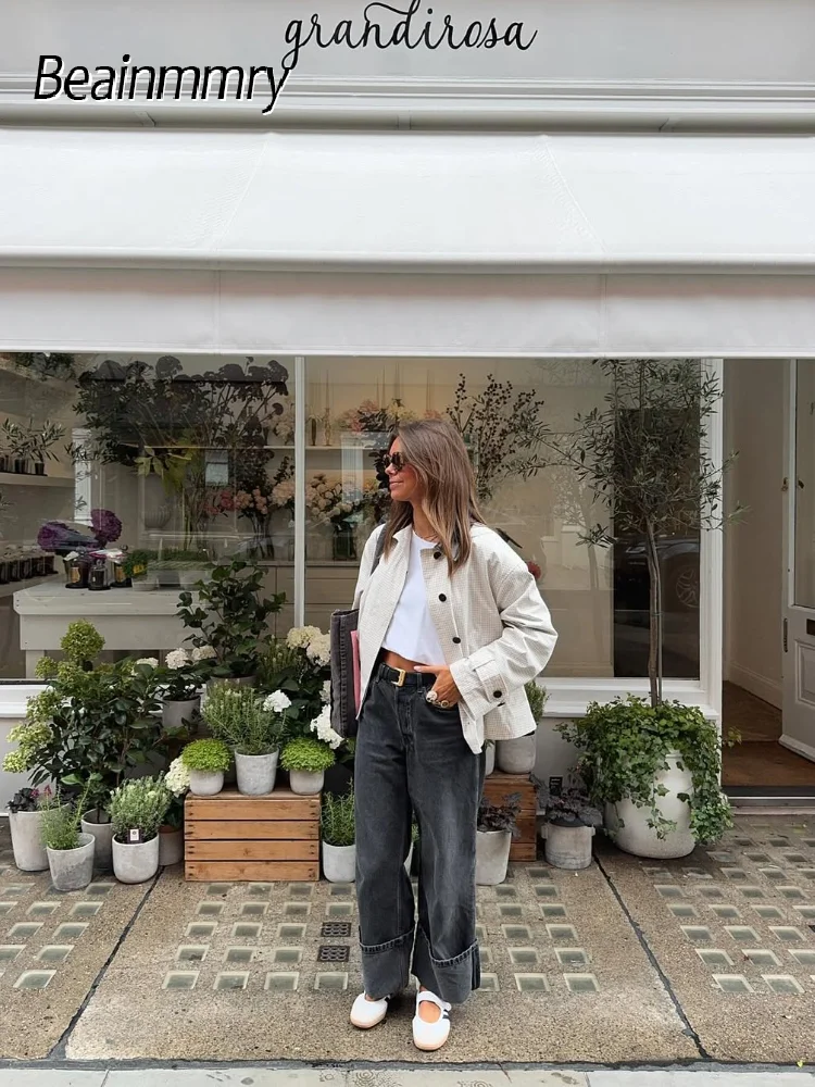 

Women Leather Lapel Collar Plaid Jacket Casual Chic Full Sleeve Single Breasted Loose Coat 2025 Autumn Office Commute Outerwear