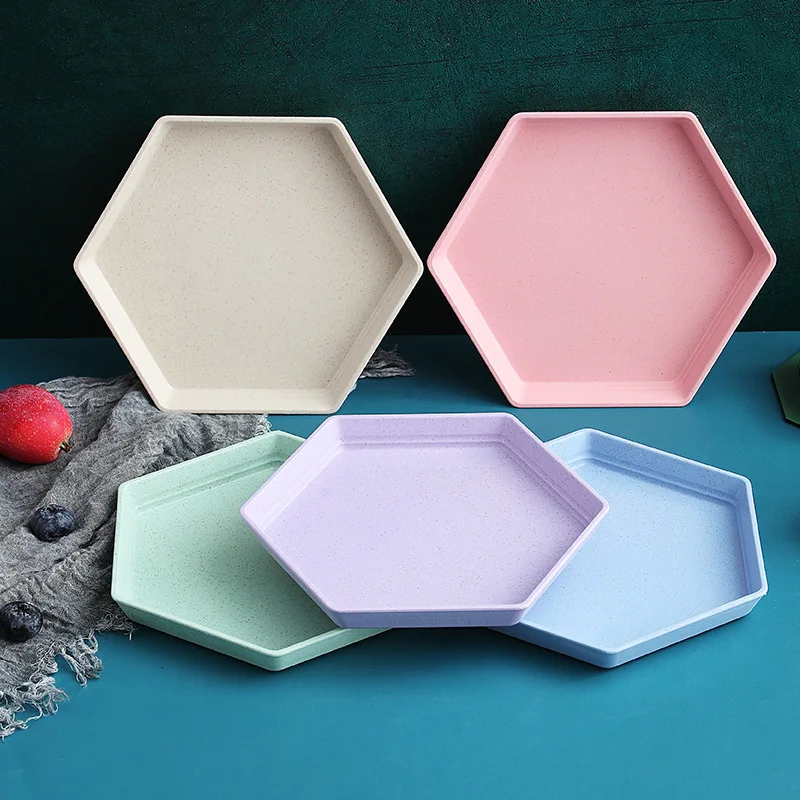 20PCS Wheat Straw Hexagonal Plate Creative Snack Fruit Dish Cake Tray Dessert TablewareFor Wedding Birthday Party