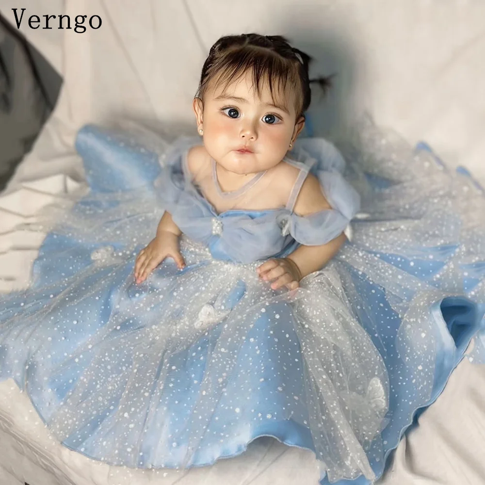 Verngo Light Blue Tulle Bayby Dress Spaghetti Strap A Line Mini Girl Flower Dress Shiny Prom Gowns Customized