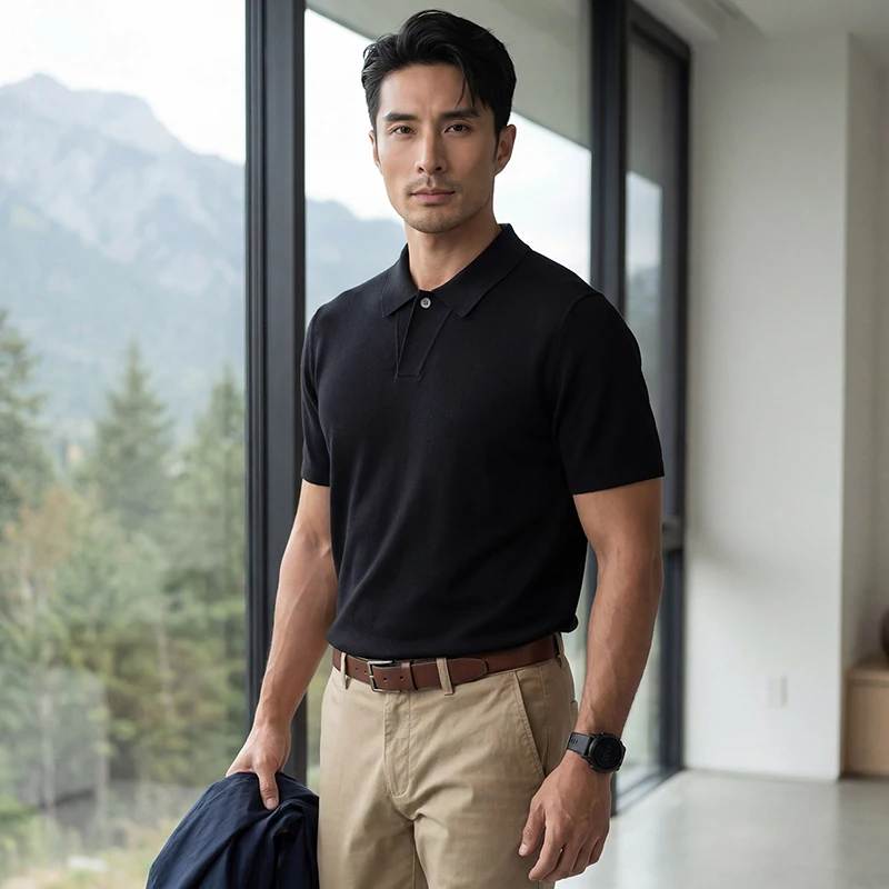 Men'S Mulberry Silk T-Shirt 18-Stitch Fine-Knit Single-Button Polo Collar Sweater Summer High-End Fashion Versatile Short Sleeve