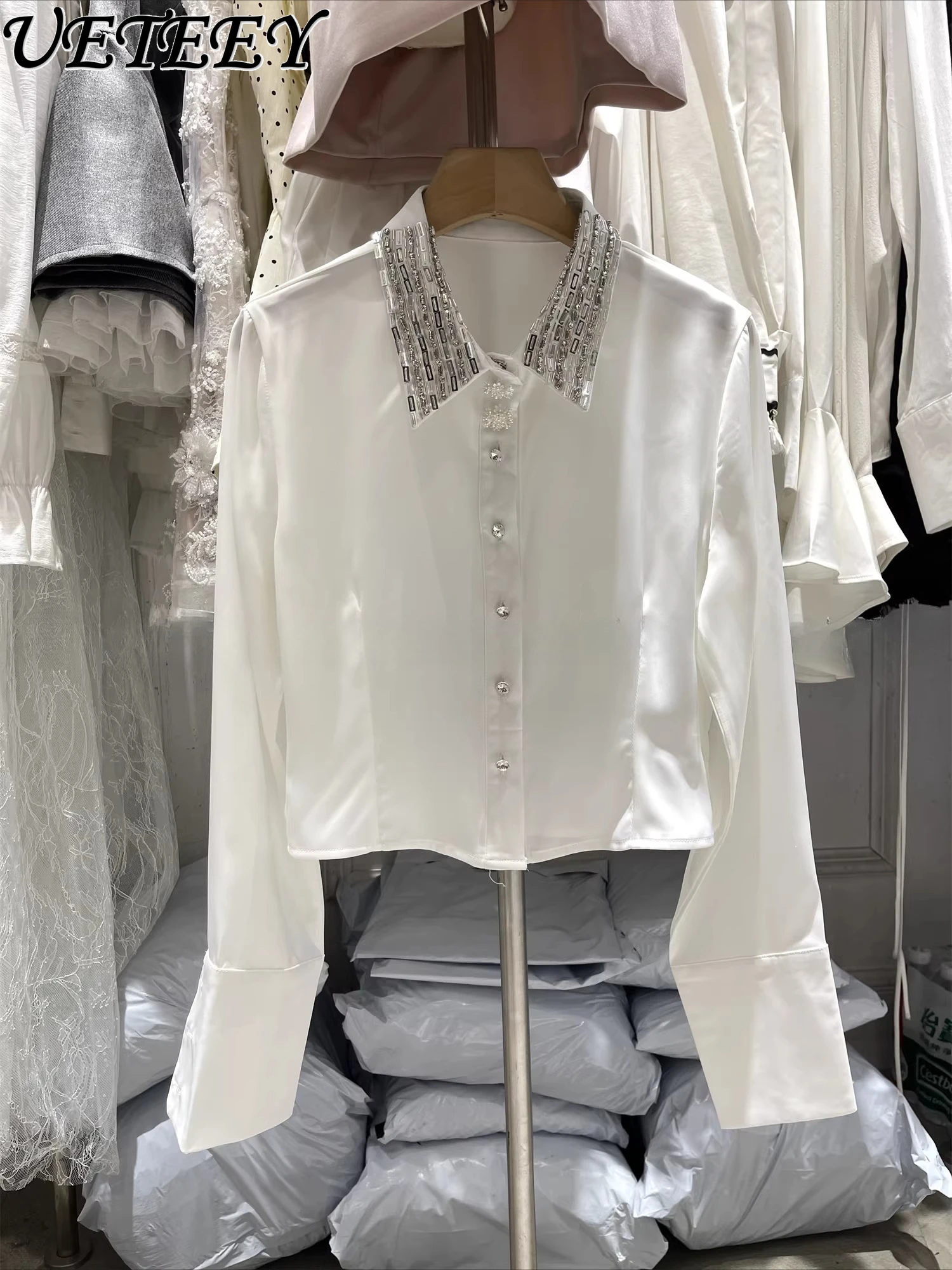 

Early Spring French Retro Style Stunning Long-sleeve Polo White Shirt with Rhinestones Unique and Niche Design Top for Women