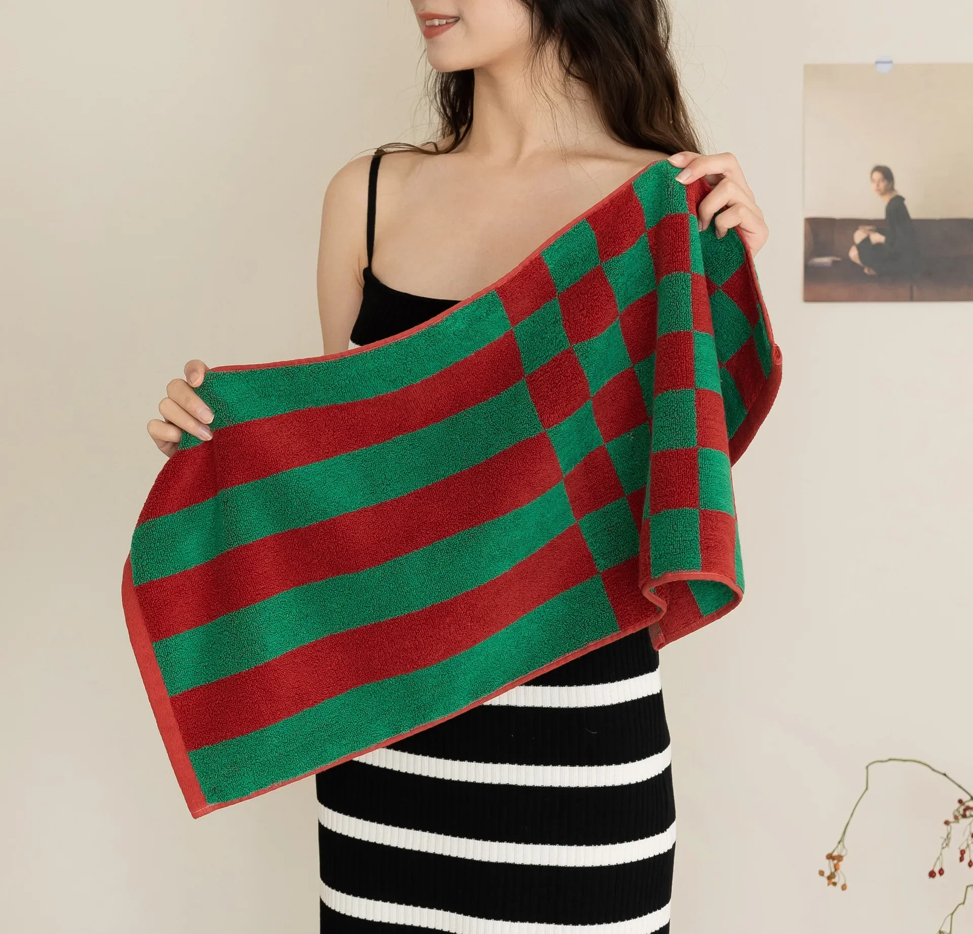 

Green Red Plaid Print Bath Towel Plush Cotton Washcloths Washed Combed Cotton Soft Absorbent Luxury Bathroom Towels Drop Ship