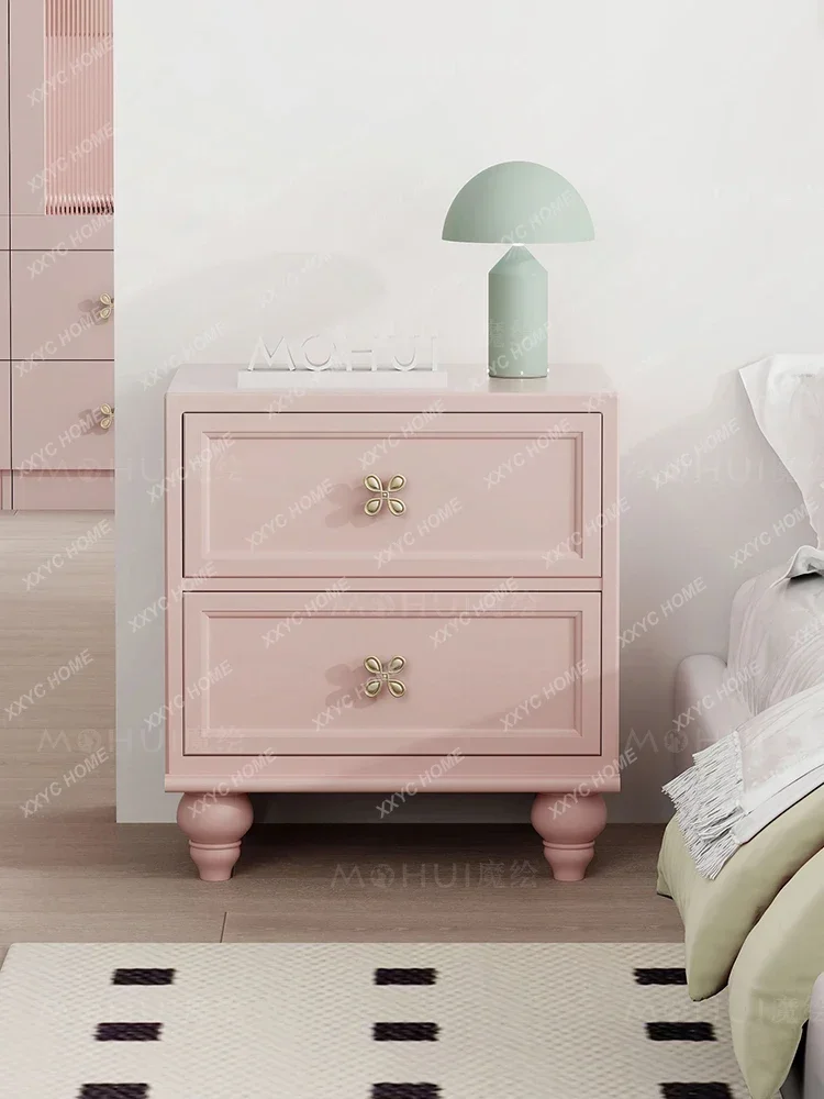 Pink Bedside Table Corner Table Solid Wood Two-Drawer Table American Bedroom Bed Front Cabinet Girls' Room Side Cabinet