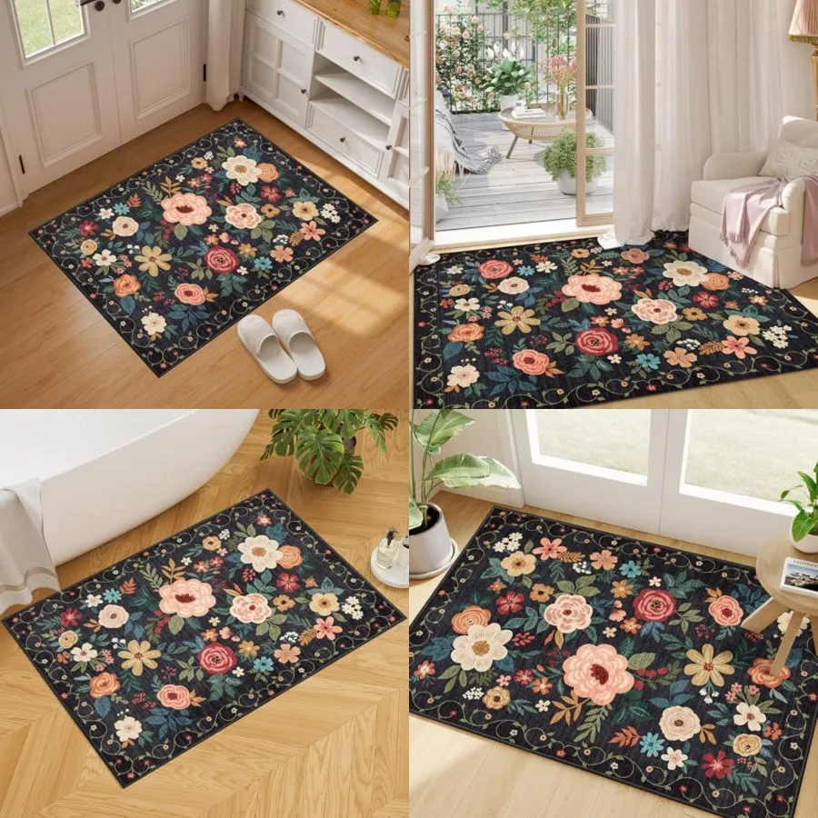

2x3 Rugs for Entryway, Floral Indoor Washable Door Mat, Non Slip Boho Small Rug for Kitchen, Soft Low Pile, Front Door Throw Rug for Entrance, Bedroom, Kitchen, Laundry, Bathroom, Black