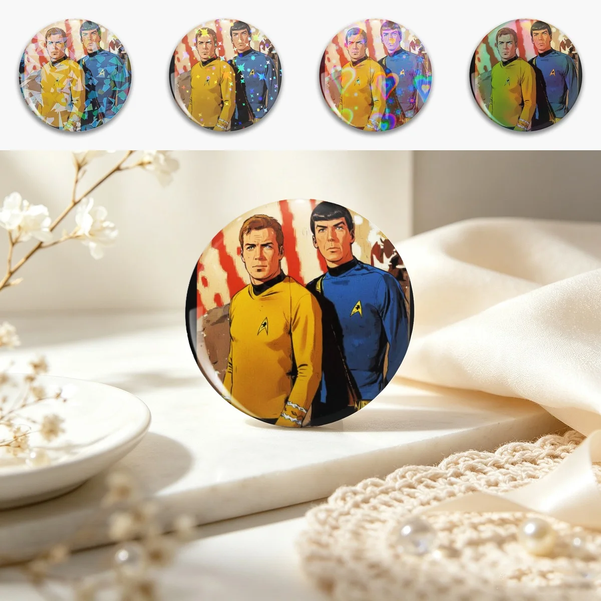 Captain Kirk and Mr. Spock Pin Holographic Star Heart Pin Brooches Laminated Button Fashion Accessory