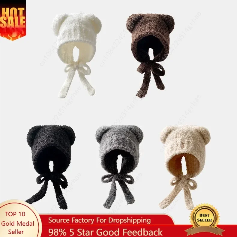 

Winter Plush Beanies Cute Bear Ear Wool Hat Warm Lace-up Ear Protection Knitted Bomber Cap Bonnets Knitting Korea Women Gorros
