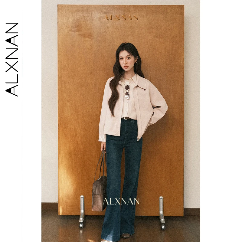 ALXNAN Pink Short Jacket Women 2025 Autumn Casual Zipper Embroidered Cuffs Striped Stitching Jackets Loose-fit Female Top L57721