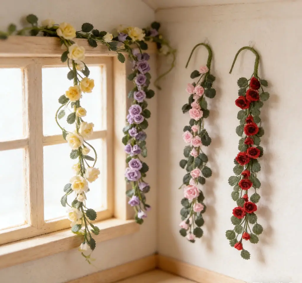 

3PCS 1:12 Dollhouse Mini Rose Flower Garland - Artificial Plant Floral Model Accessory for Miniature House Decor DIY Craft