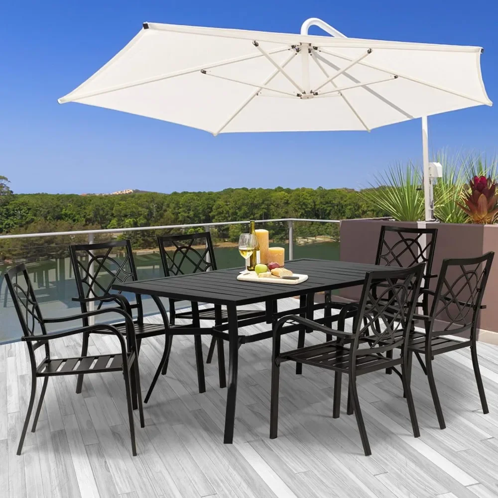 Outdoor Table and Chairs Set, Metal Stacked Chairs of 6, Slat Table Top with 1.57 