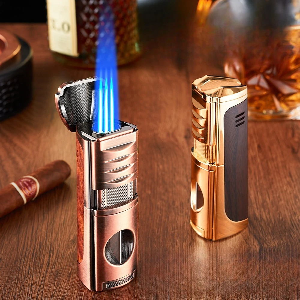 Cigar Multifunctional Four in One Cigarette Holder V Cutting Diamond Knife Dedicated Straight Jet Lighter with Three Flames