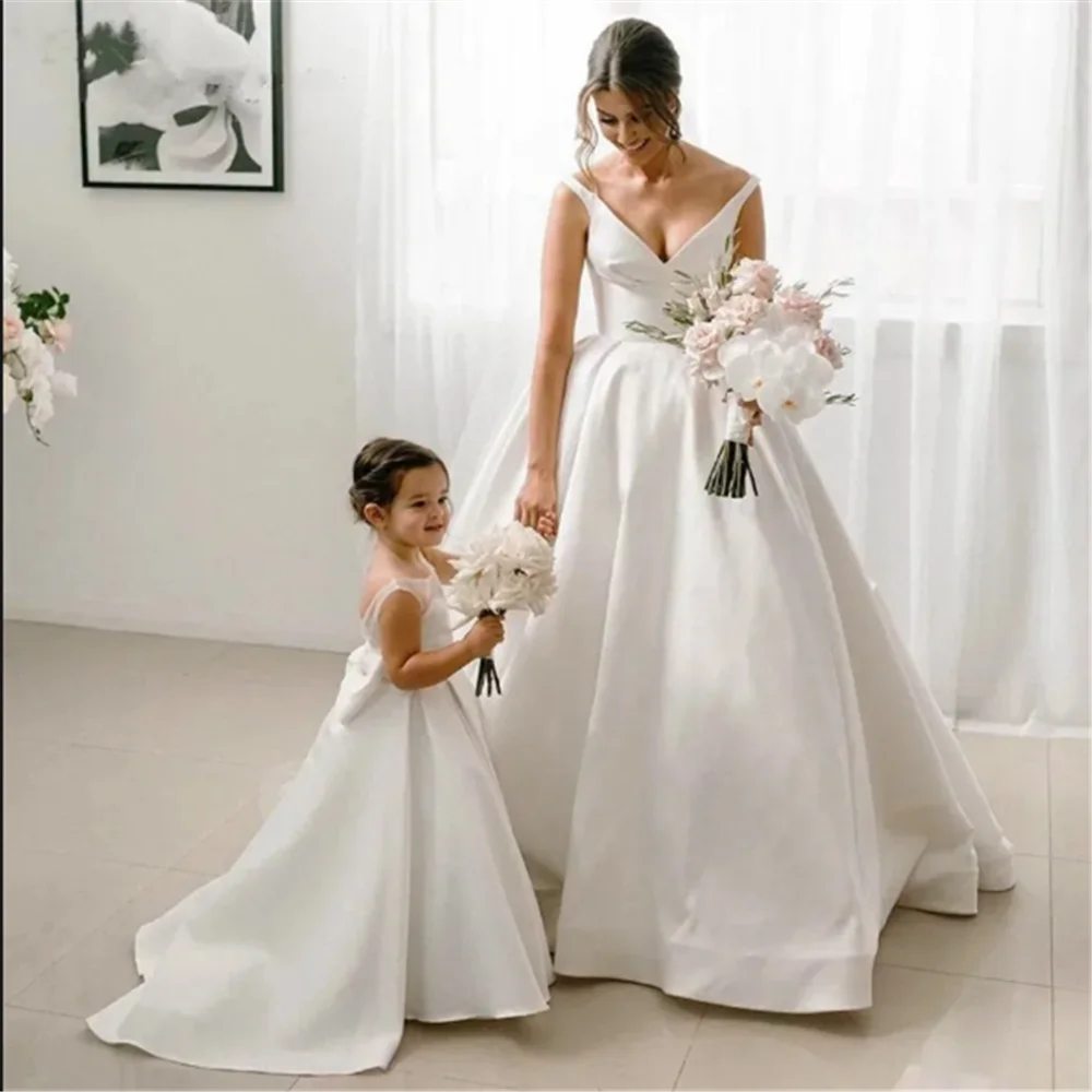 Vestido largo de satén con lazo de tul para niña, vestidos de flores para boda, vestido de desfile de dama de honor, primera comunión